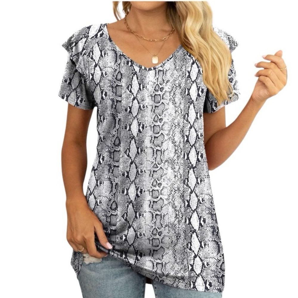 Top Blouse Shirt Womens Plus 2X Black Snakeskin Summer Casual Short Sleeve B3